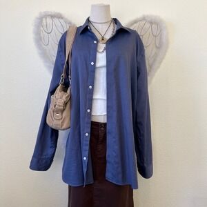 Indie Skater Plaid Grunge Oversized Shirt‎ Button Up Long Sleeve Blue Check